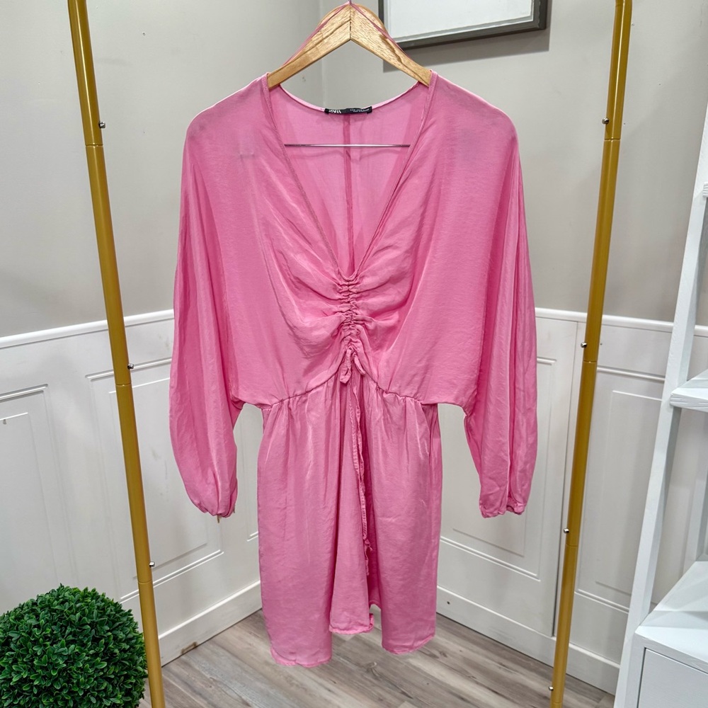 Zara Pink satin effect Mini Dress Ruched Front Long Sleeve Dress Size Medium - Picture 3 of 4